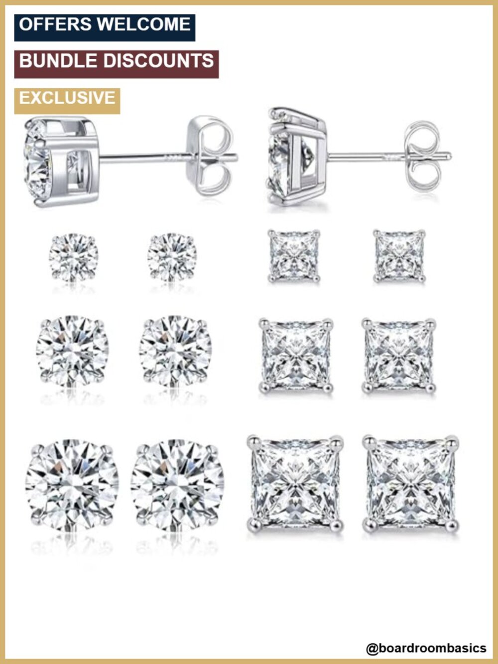 6 Pairs Stud Earrings 925 Sterling Silver Post 18K White Gold Plated Cubic